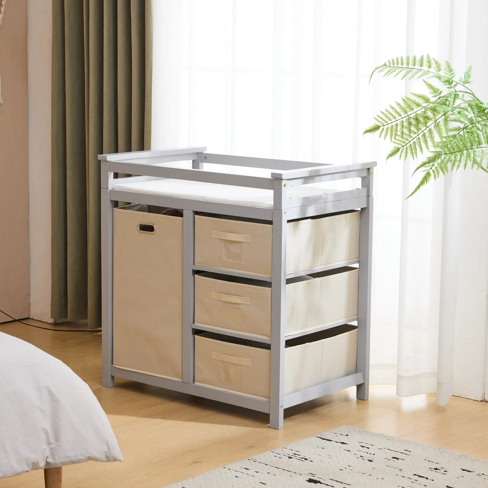 Gray painted pine wood frame children's bed with removable top, 87*53*87.5cm, includes 3 fabric drawers… image 7