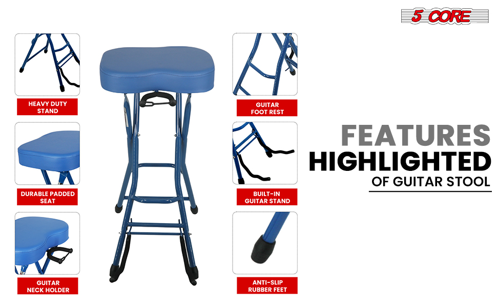 5Core Guitar Stool 3.15" Padded Chair Foldable Heavy Duty Music Seat Built in Foot Rest Guitar Stand image 11