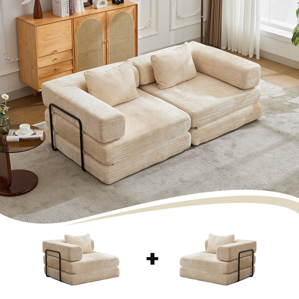 Compression Sofa,Convertible Floor Sofa Bed with Fixed-Shape Frame, Loveseats Boneless Modular Sectional Sofa,No Assembly Required,Chenille fabric,for Living Room Bedroom,Beige-14