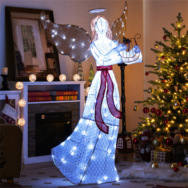 5ft Pre-Lit Christmas Angel Decor - 120 Cold White LEDs, IP44 Waterproof, Metal+Mesh Fabric-19