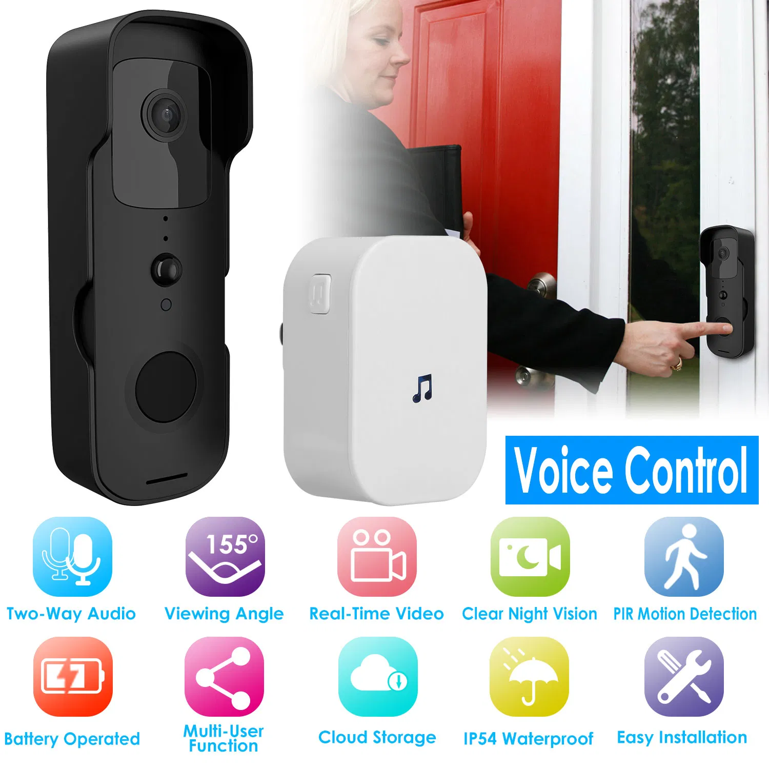 Compatible with Alexa Google Assistant Wireless Smart Wi-Fi Video Doorbell Security Phone Doorbell Intercom Camera Two Way Audio Night Vision — 1