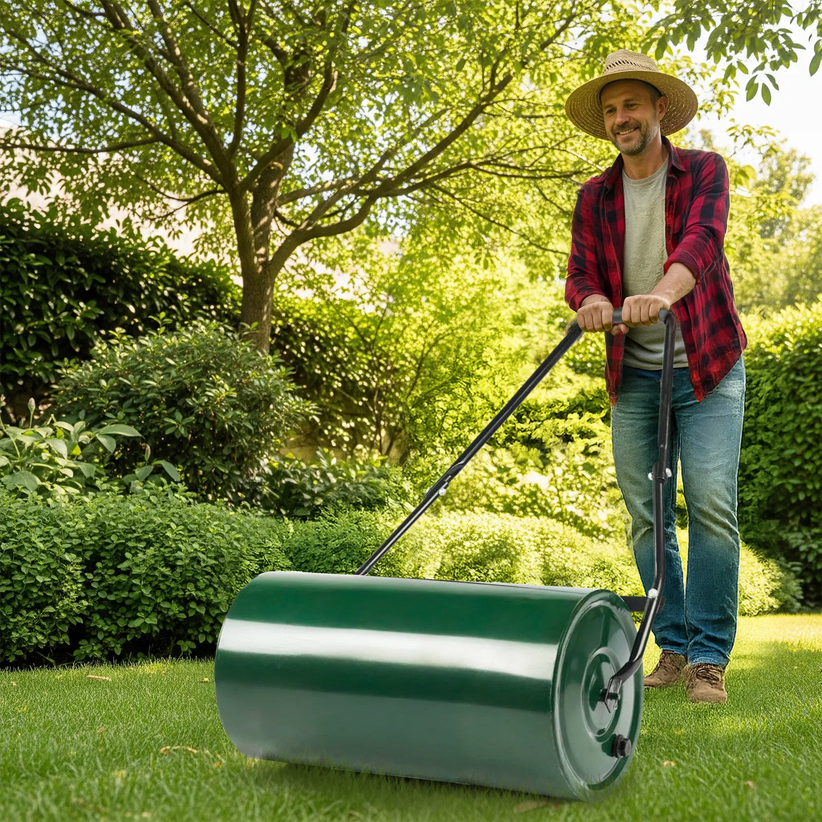 24in Heavy Duty Steel Lawn Roller, Garden Roller Can Be Filled with Water or Sand, Hand Roller with U-shaped Handle, Green & Black image 8