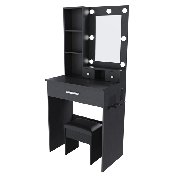 Vanity Table with Mirror & Adjustable LED Lights, Power Outlet, Hairdryer Holder & Stool – Compact Dressing Desk for Small Bedrooms(Black) -25