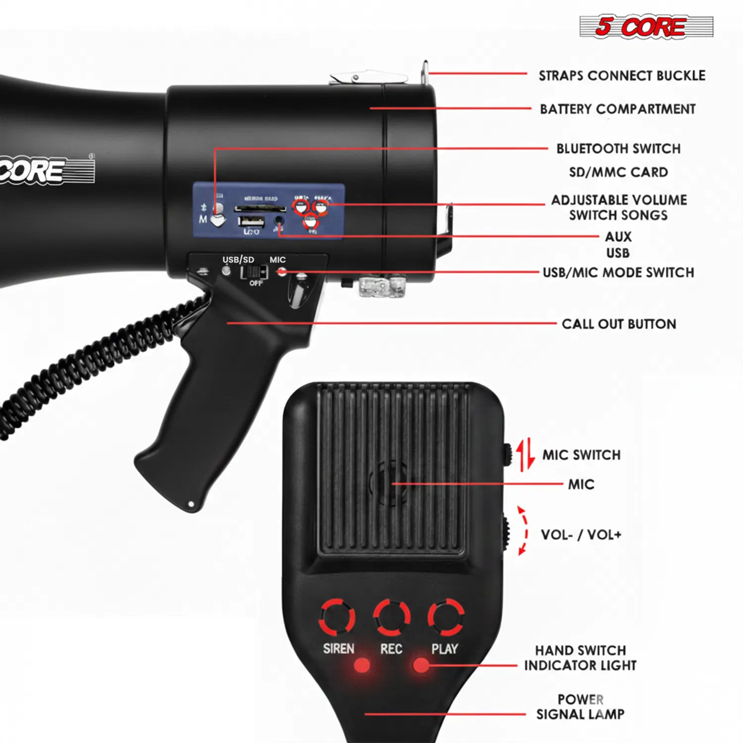5 Core Megaphone Speaker 100/50W Loud Rechargeable/ Battery Power Bullhorn image 6