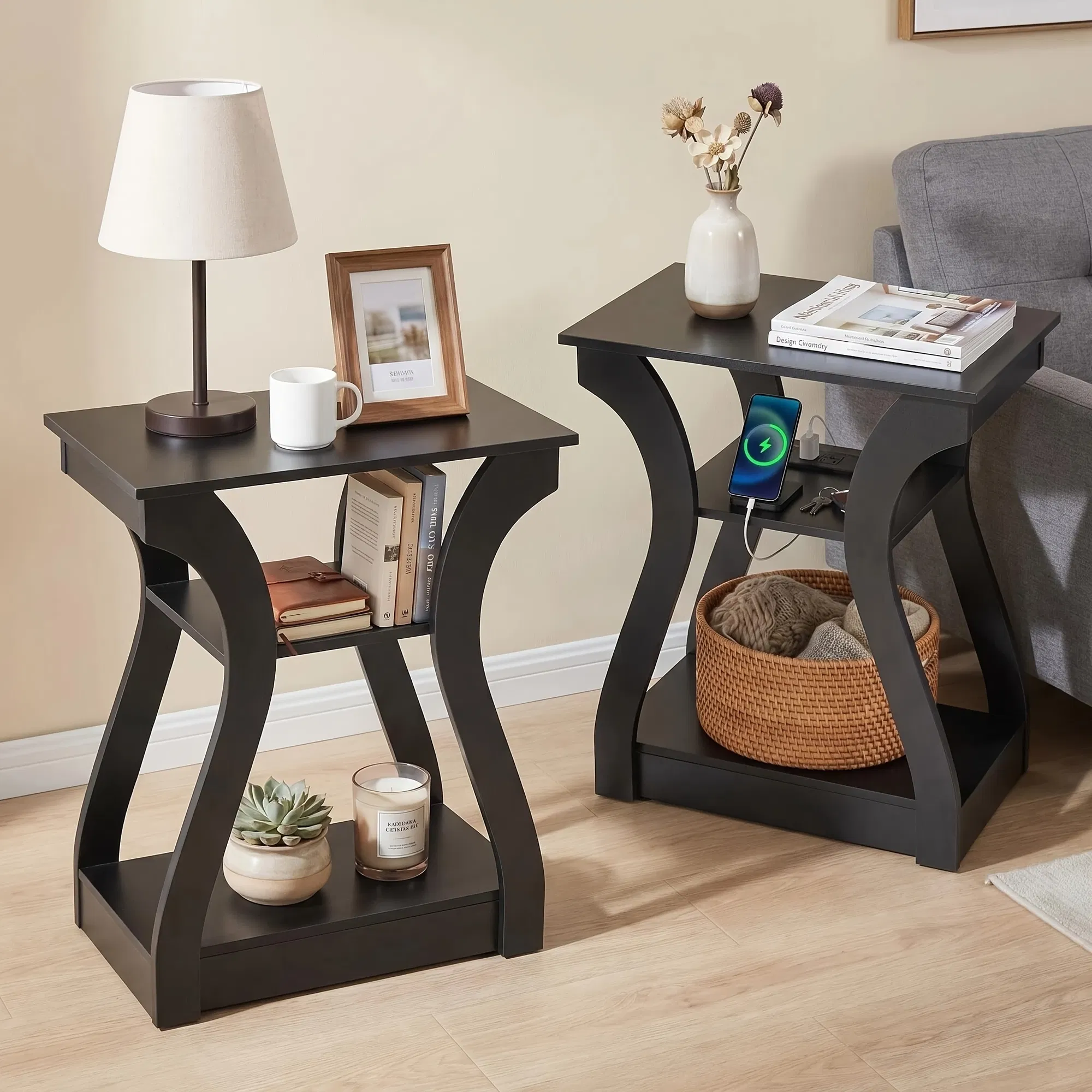 3-Tier Nightstand with Charging Station, Modern Bedside Table with USB Ports And Outlets, Slim End Table for Bedroom, Small Apartment, Dorm Room image 2