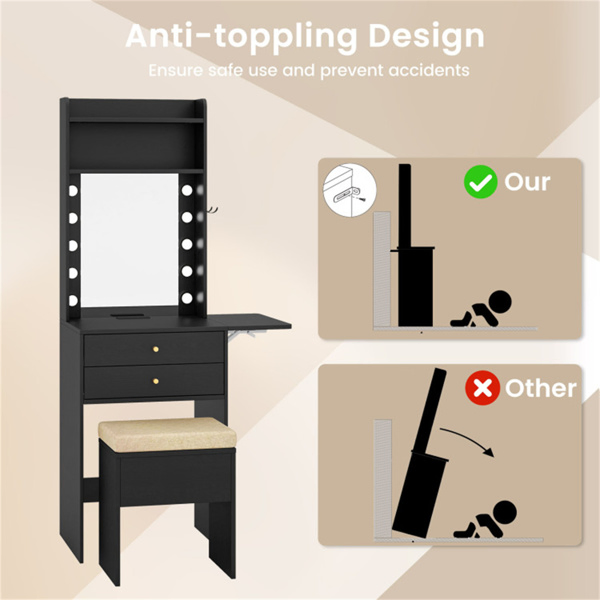 3-Color LED Lighted Vanity Desk with Charging Station - Foldable Makeup Table & Cushioned Stool Set-16