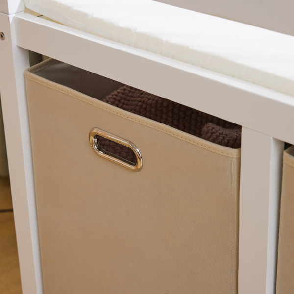 White painted pine wood frame, removable top, 87*53*87.5cm children's wooden bed with 3 fabric drawers + 1 fabric bag, and a changing table-49
