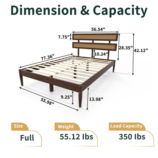 Dark walnut wood painted finish + rattan and pine wood double headboard full size wooden bed, Bohemian style-21