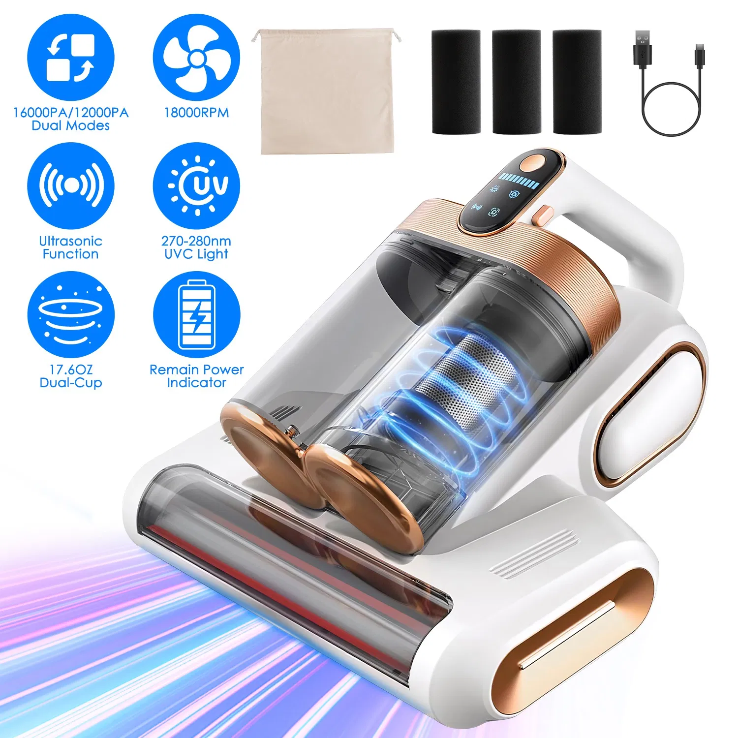 200W Cordless Mattress Vacuum Cleaner 16KPA Suction 18000RPM Vibrating Roller Brush, 2 Speed Modes UVC Light Stainless Steel Sponge Filtration Dual Dust Cup 2600mAh Battery with Storage Bag
