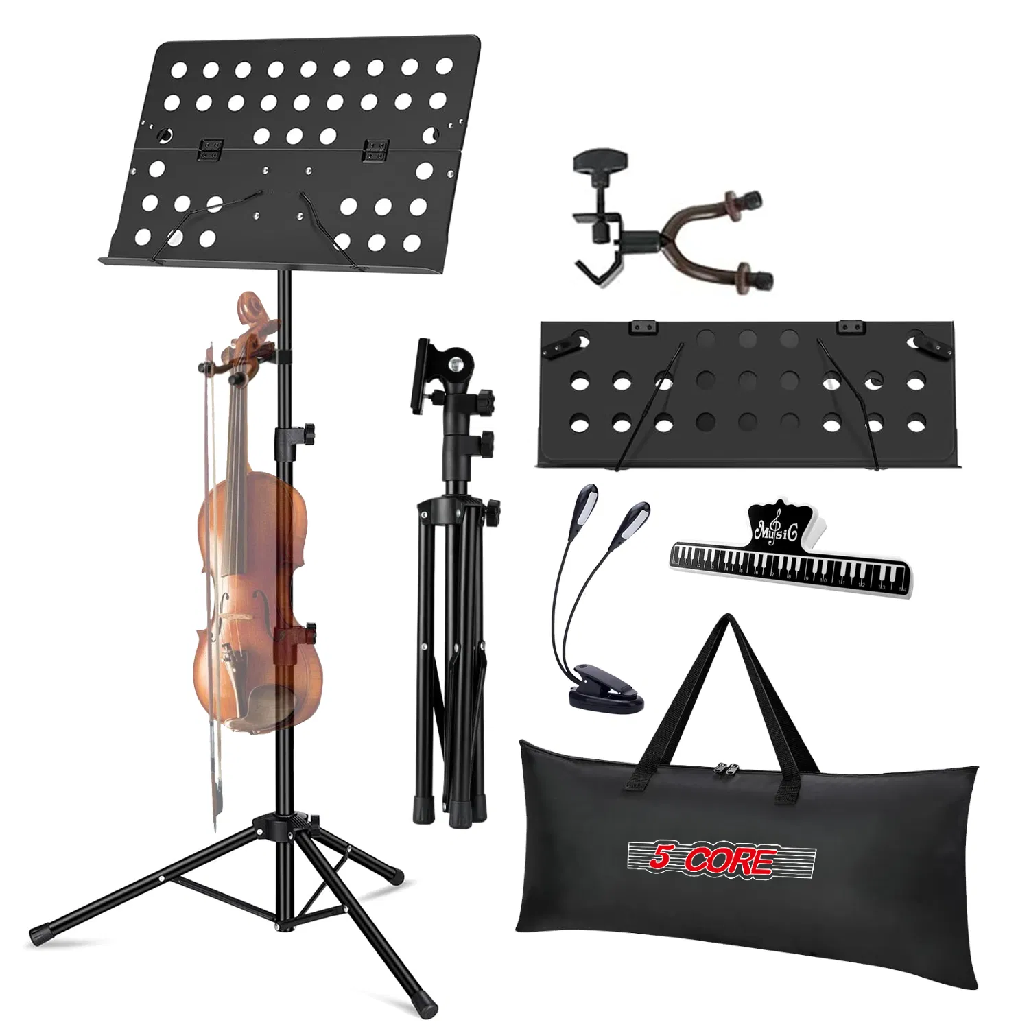 5 Core Music Stand For Sheet Music Height Adjustable Portable Folding Atril Para Partituras w Light Clip for Guitar Players Violinists Cellists Pianists