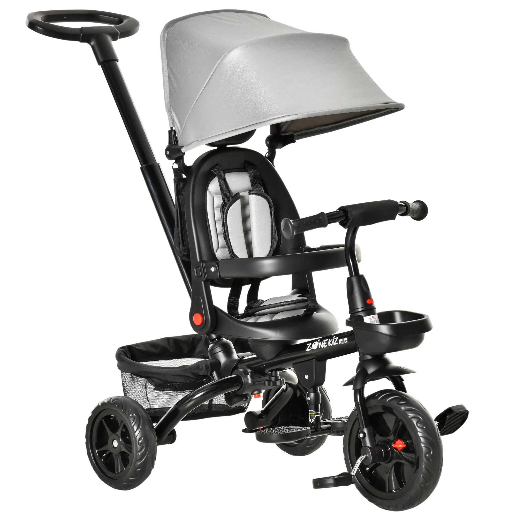 Tricycle for Toddler 4 in 1 Kids Trike with Reversible Adjustable Seat, Baby Push Bike with Removable Handle, Canopy, Belt Storage Brake Clutch for 1-5 Years, Grey
