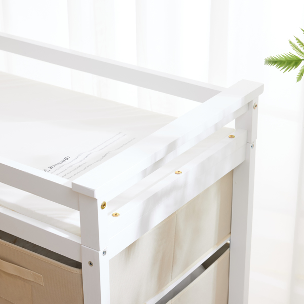 White painted pine wood frame, removable top, 87*53*87.5cm children's wooden bed with 3 fabric drawers + 1 fabric bag, and a changing table-45