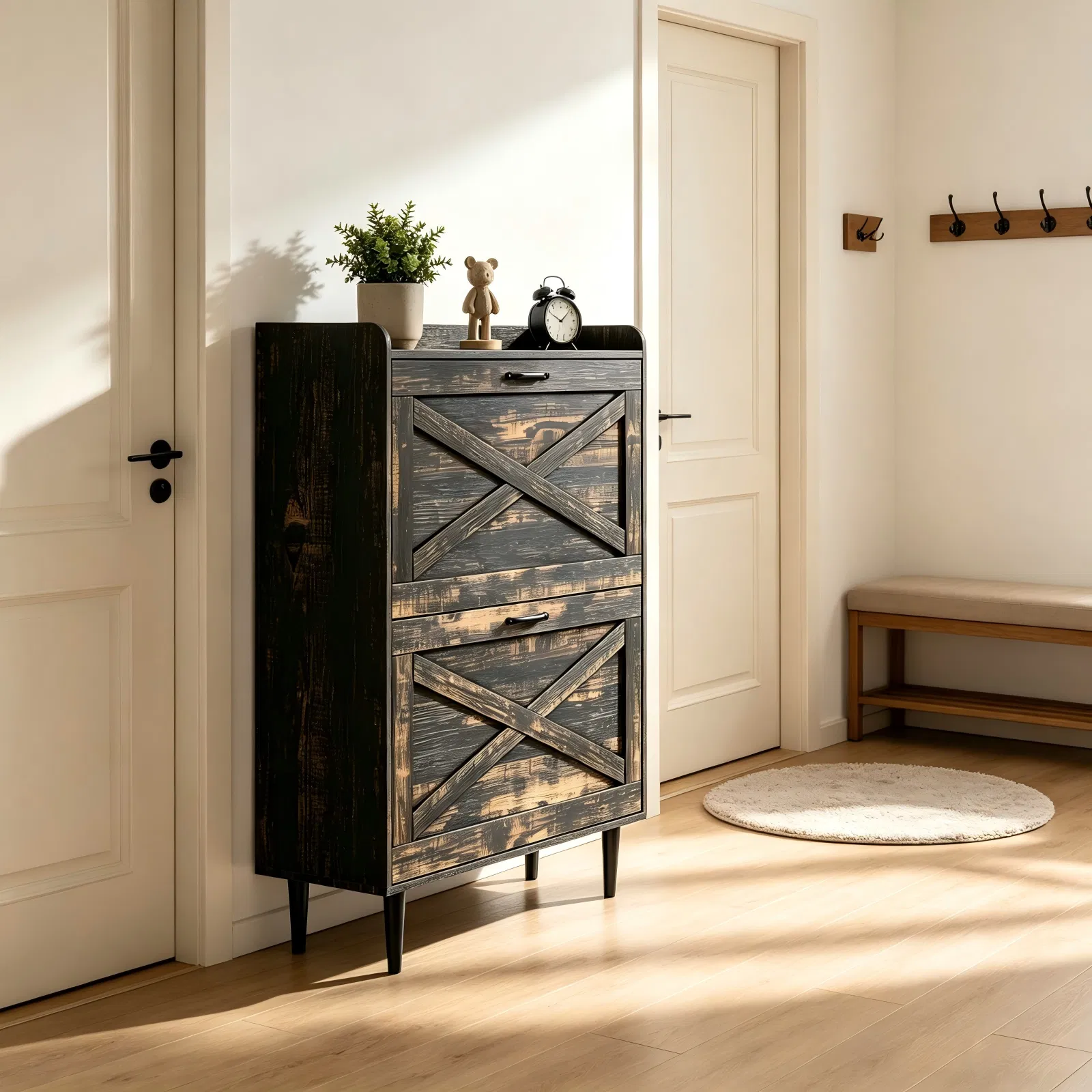 2-Drawer Top-Mounted Barn Door Shoe Cabinet Melamine Board Embossed MDF Shoe Cabinet 31.61*9.45*39.37in… image 9