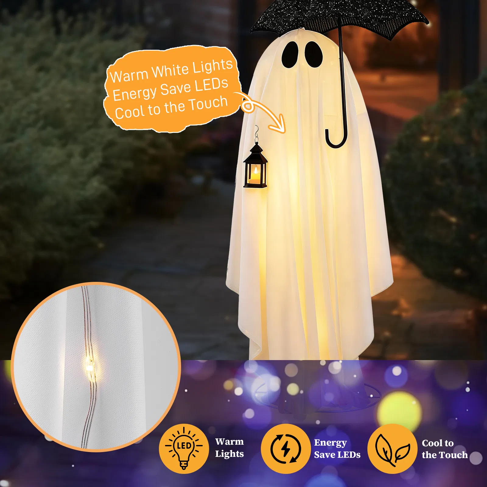 5ft Black & White Umbrella Ghost Halloween Decoration with 100 Warm White LED Wire Lights, 30V 3.6W… image 7