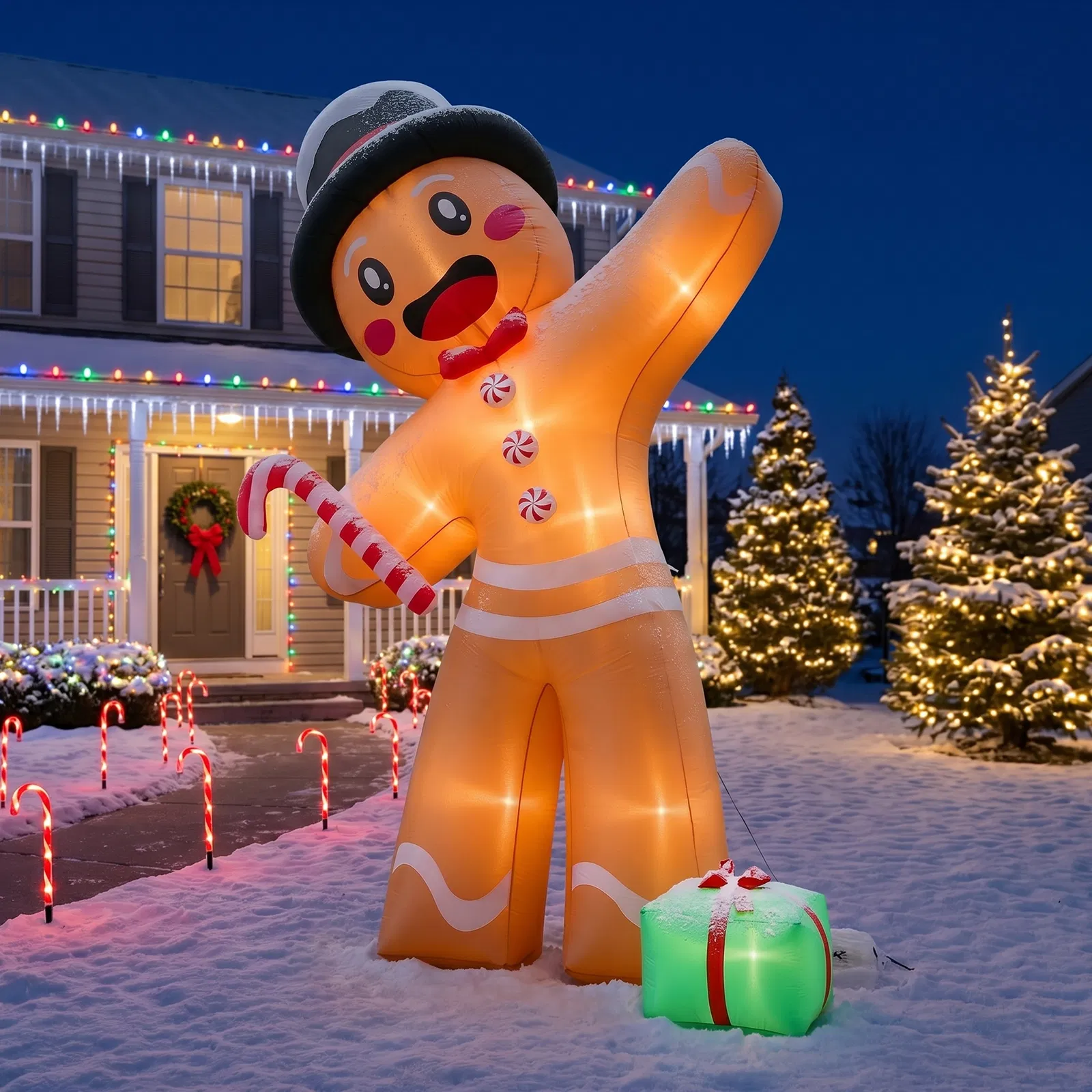 10.6FT Gingerbread Man with Gift Box Inflatable, 8 LED Lights, 190D Polyester Christmas Decor, US Plug image 10
