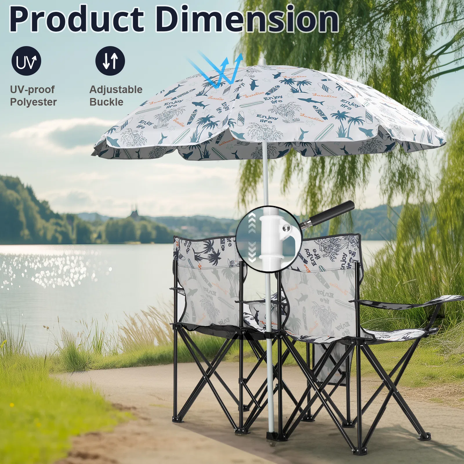 Portable Outdoor 2-Seat Folding Chair with Removable Sun Umbrella Coconut Tree image 6