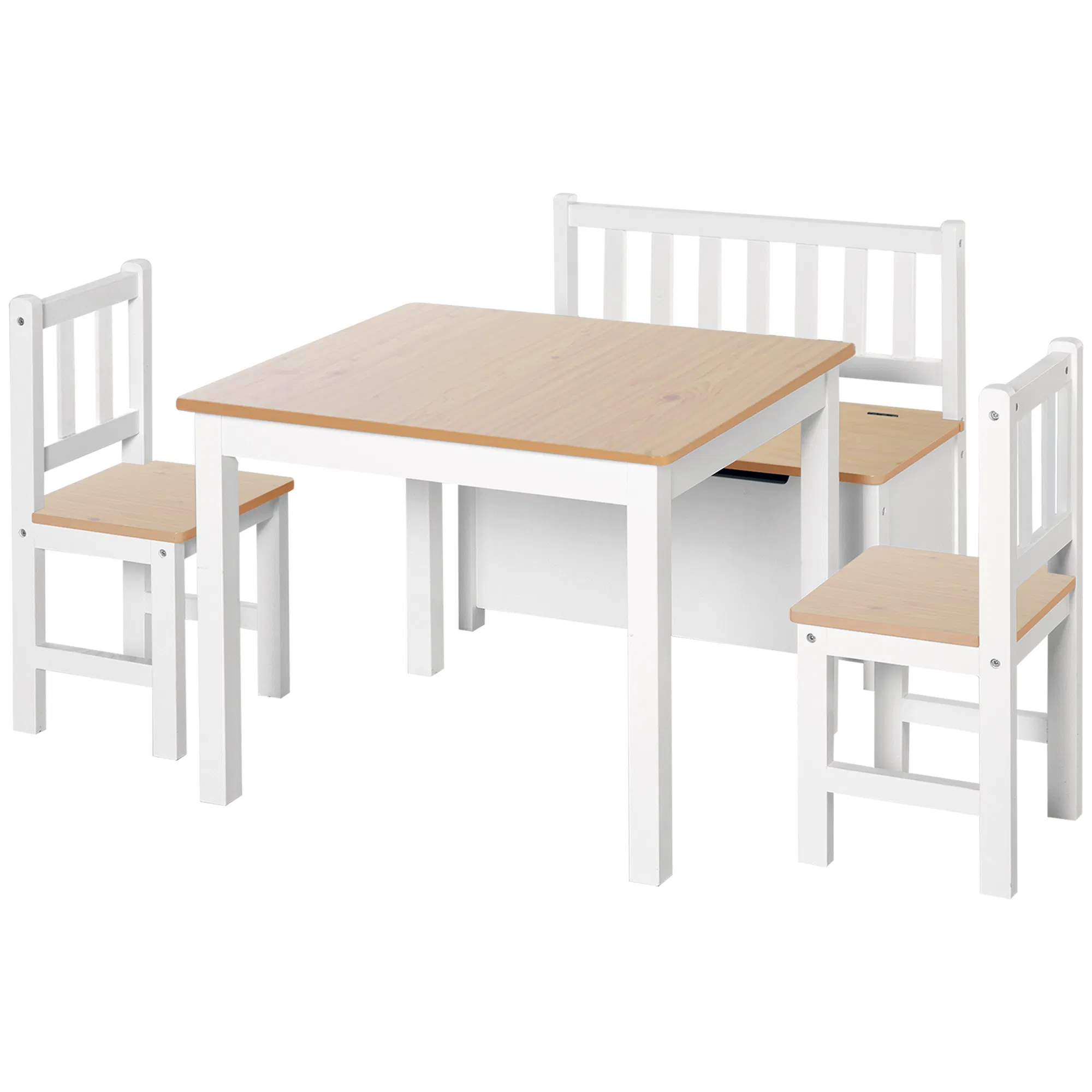 4-Piece Set Kids Wood Table Chair Bench with Storage Function Easy to Clean Gift for Girls Boys Toddlers Age 3 Years up Natural and White