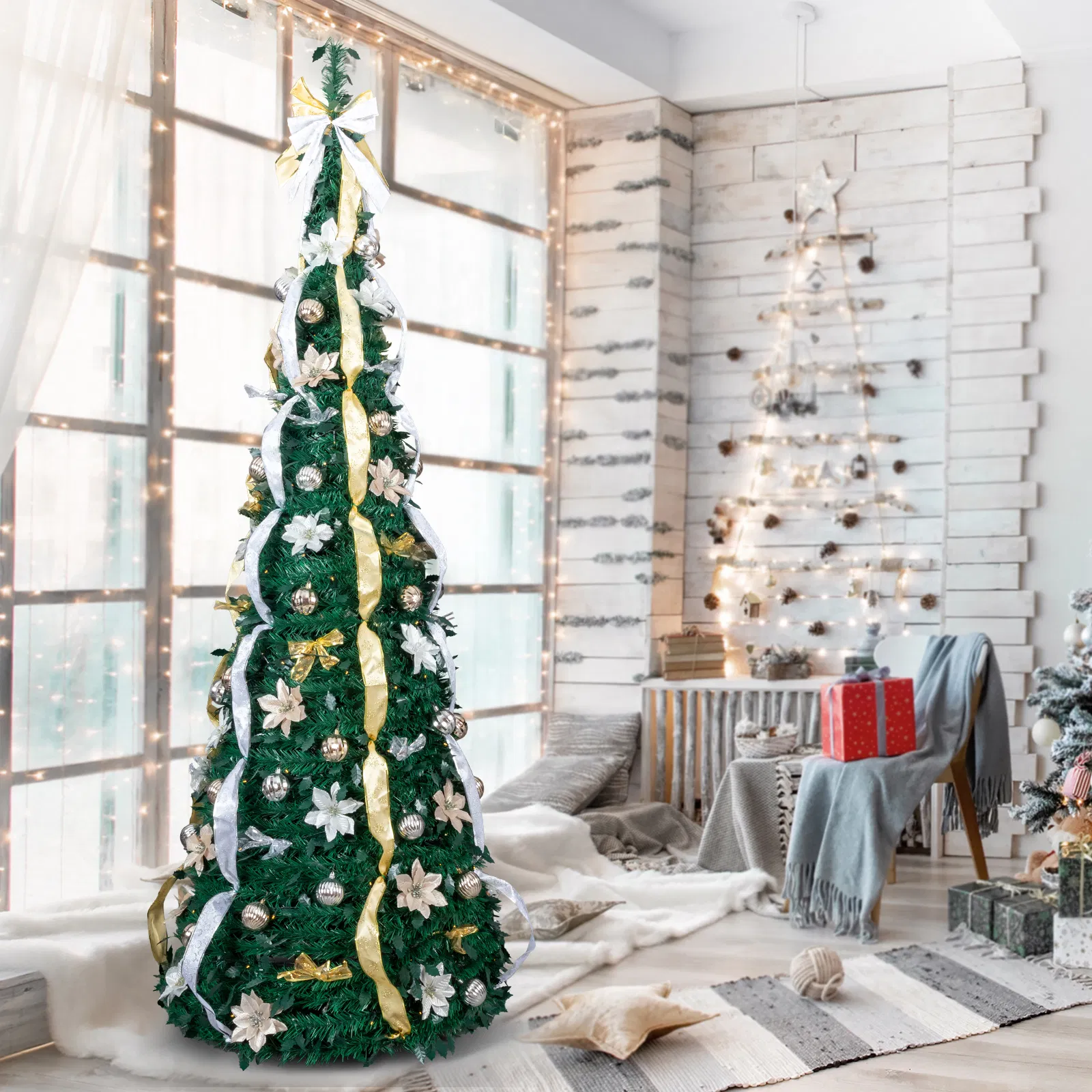 7 FT Fully Decorated Pre-lit Christmas Tree, Pop Up Artificial Xmas Tree with 200 Warm Lights Remote… image 8