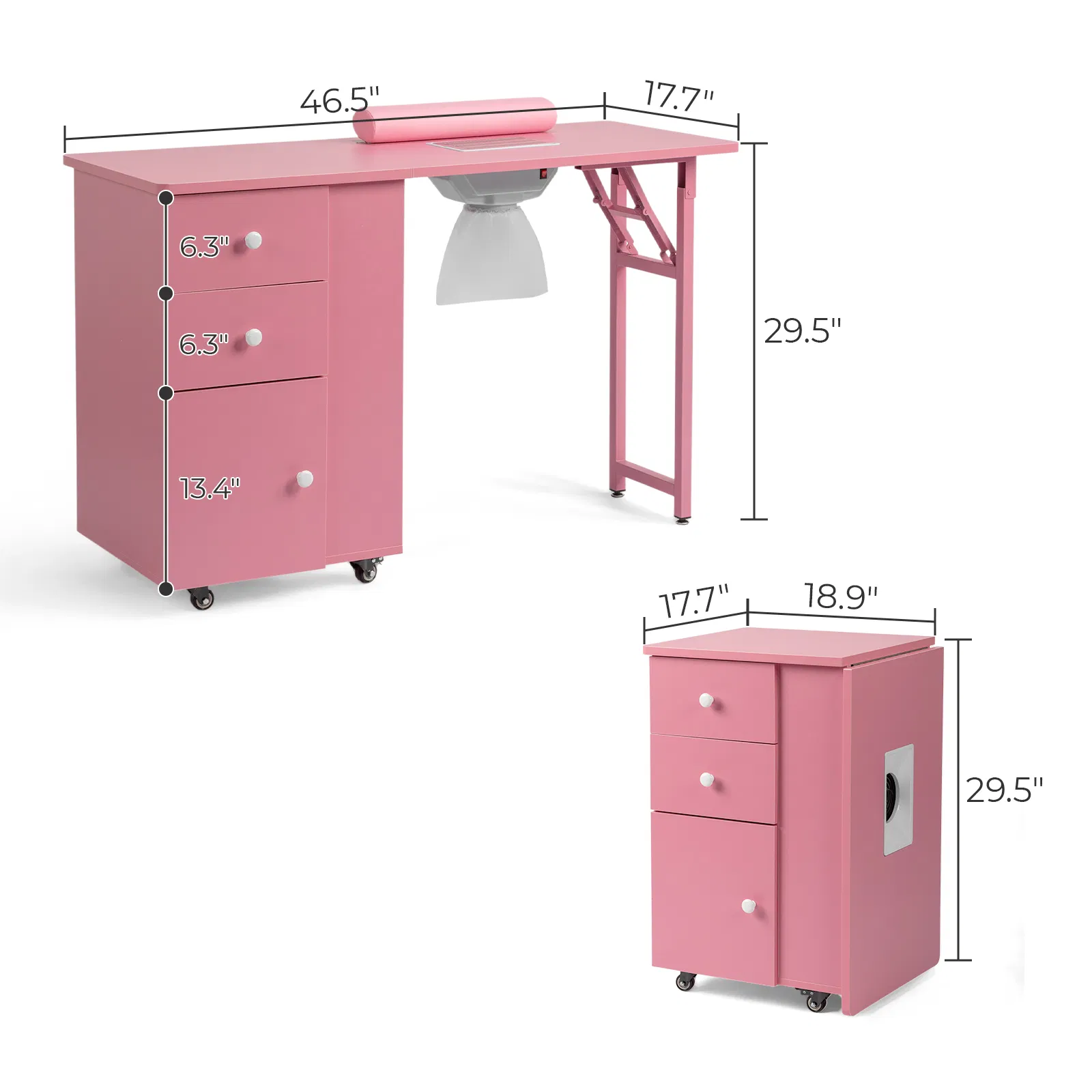 Nail Desk Folding Table, Pink MDF Manicure Station w/ 2 Drawers & 1 Door Cabinet for Nail Art Salon Home… image 5