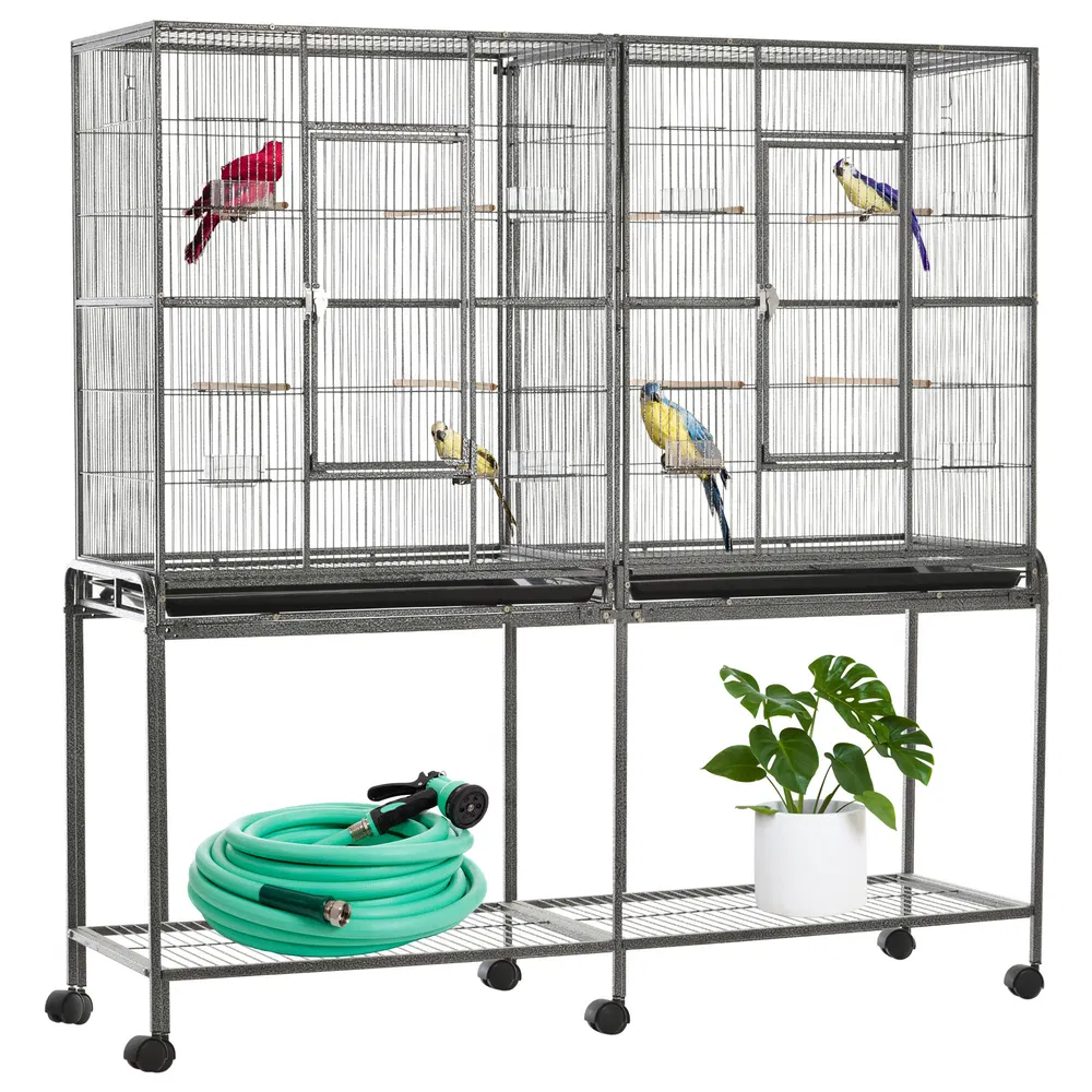 64" Extra Large Bird Cage, Rolling Metal Parrot Cage, Bird House with Detachable Rolling Stand, Storage Shelf, Wood Perch, Food Container, 62.8" x 18.9" x 64.2" - Default