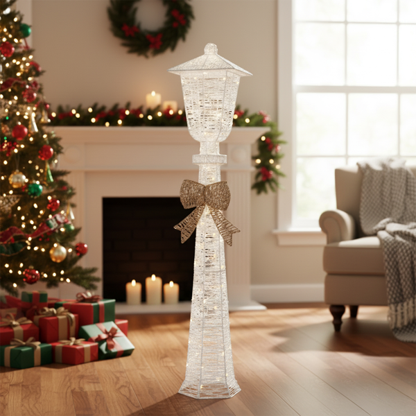 5FT Lighted Lamp Post with Bowknot Christmas Decorations, Pre-lit Holiday Decor with 110 Warm White LED Lights for Xmas Outdoor Indoor Decor Lighted Holiday Displays-21