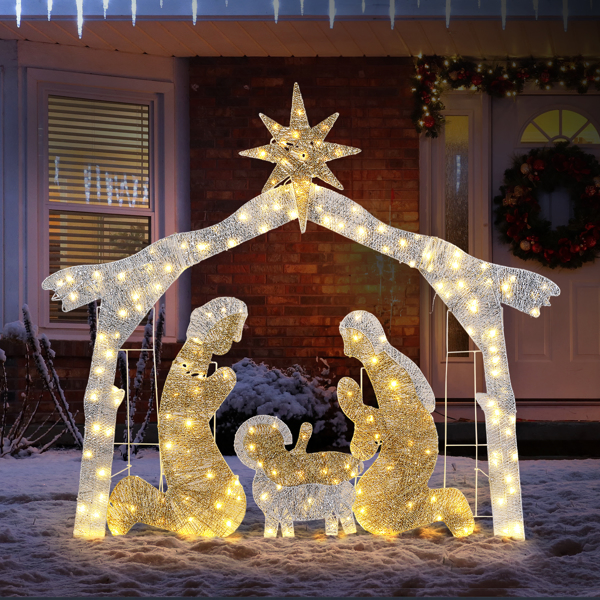 6ft Silver Roof 190LED Lights Nativity Scene Garden Jesus Decoration image 18