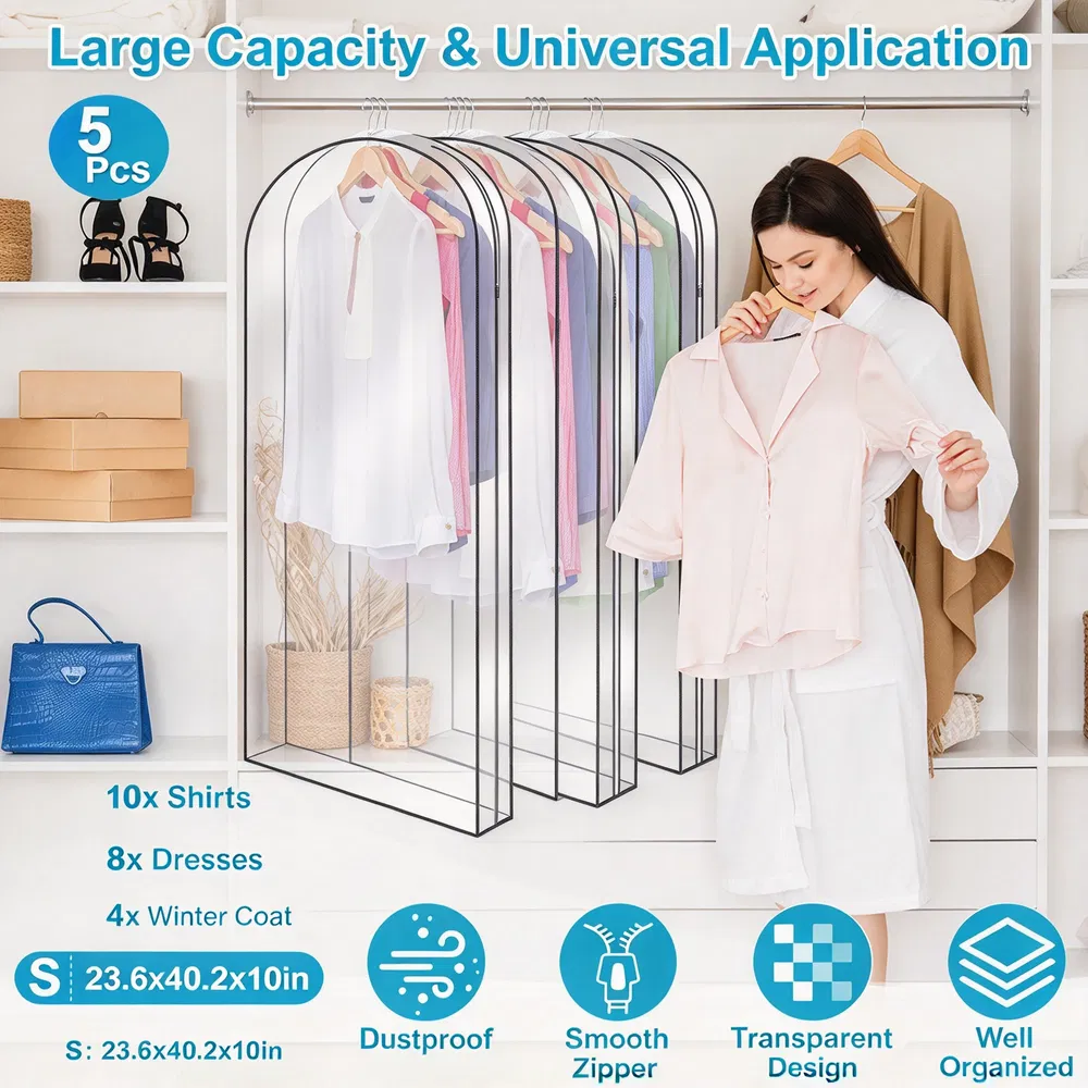 5Pcs Garment Storage Bags, 40.15in-60.23in Hanging Clothes Covers, PEVA & Breathable Non-woven Fabric…