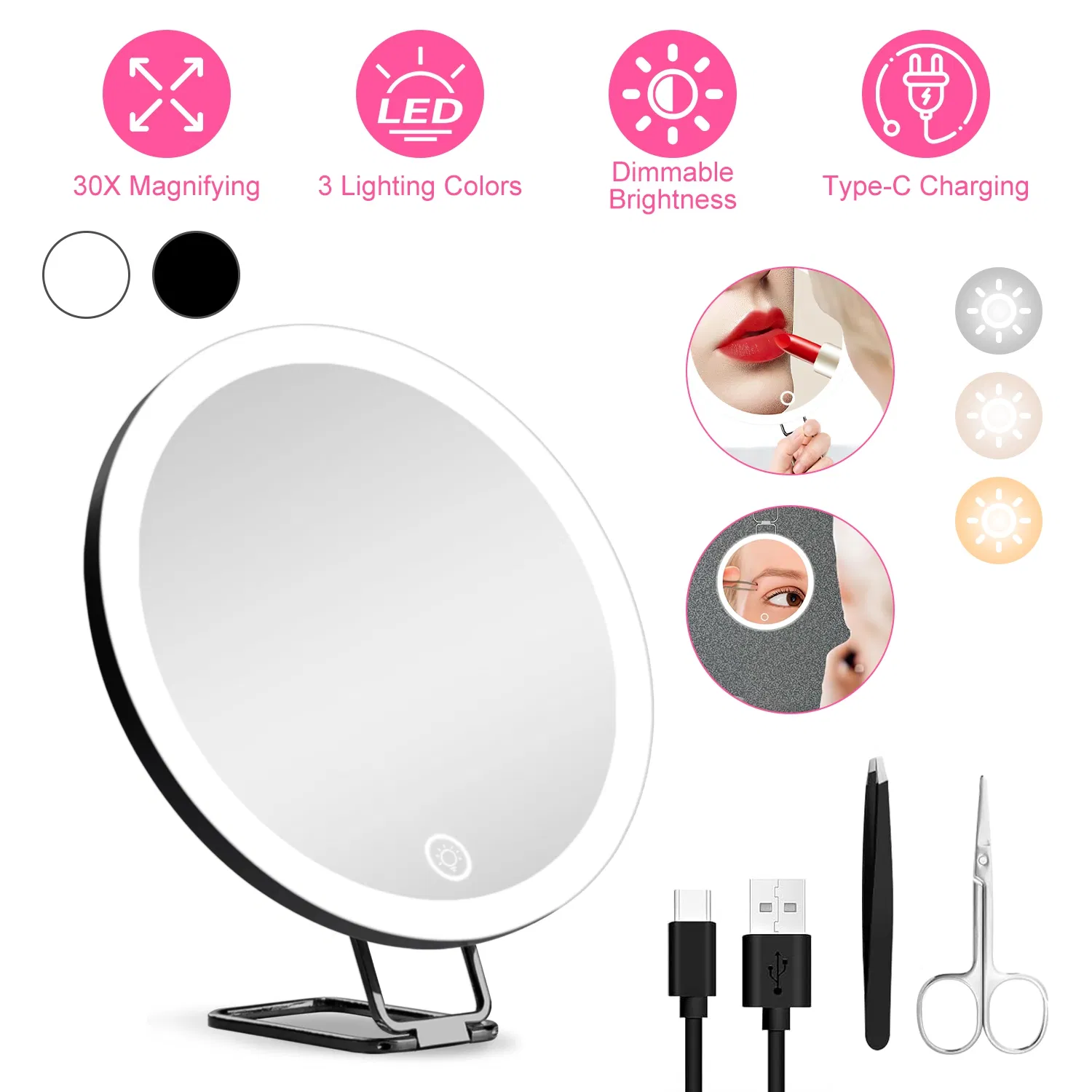 30X Magnifying Mirror With Light 3 Colors Dimmable Brightness Included Tweezer Scissor Travel Magnifying…