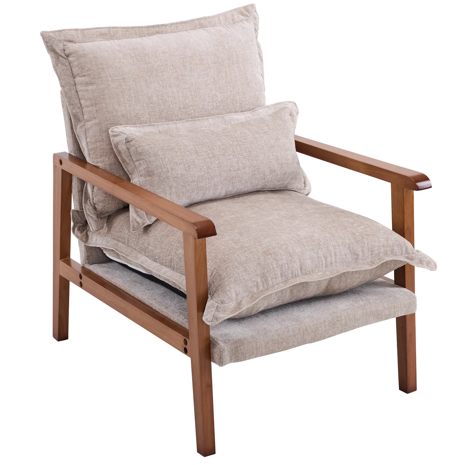 Cloud Shaped Indoor Leisure Chair with Solid Wood Armrest, Metal Frame, Chenille Fabric Accent Chair with Lumbar Pillow, Single Sofa Chair Khaki