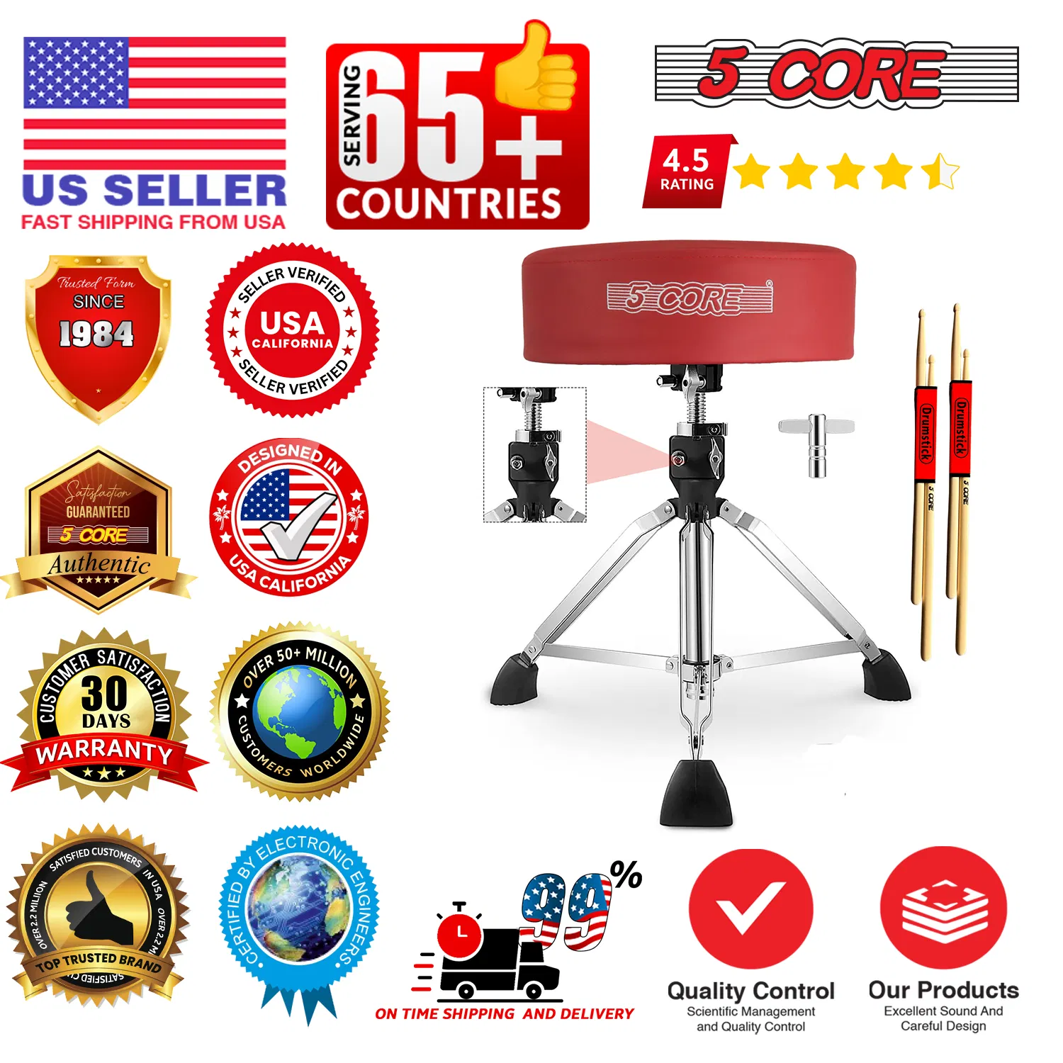5 Core Drum Throne 4" Thick Padded Guitar Stool 400Lb Capacity Drummer Chair Swivel Adjustable image 14