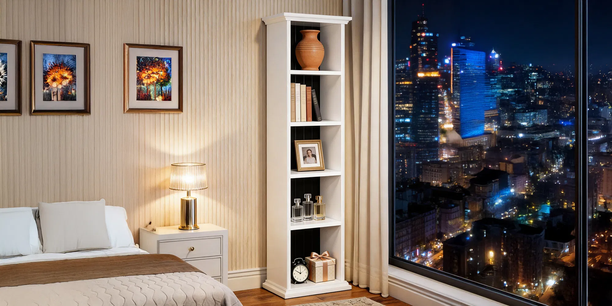 5-Tier Duplex Bookcase MDF Painted Item Display Rack 20*12.99*70.87in White Cabinet with Black Inner Back… image 13