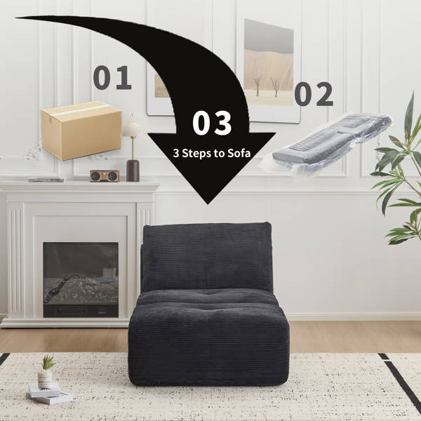 Modern Memory Foam Compressed Sofa,Single Chaise Longue for Living Room,Pet-Friendly Cloud Modular Sectional Sofa,Corduroy Fabric,Movable Ottoman,No Assembly required,Black-12