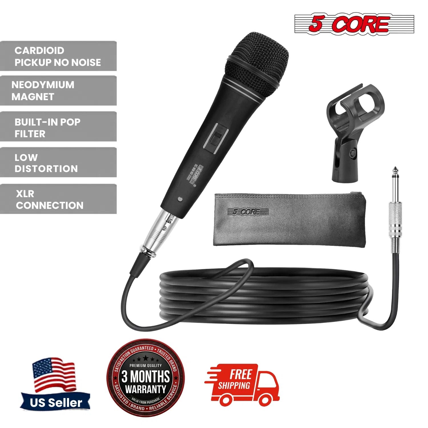 5 CORE Professional Dynamic Vocal Microphone Neodymium Cardioid Unidirectional Handheld Mic for Singing Karaoke Steel Mesh Grille Metal Body With ON Off Switch + 16ft Detachable Cable + Clip + Bag image 5