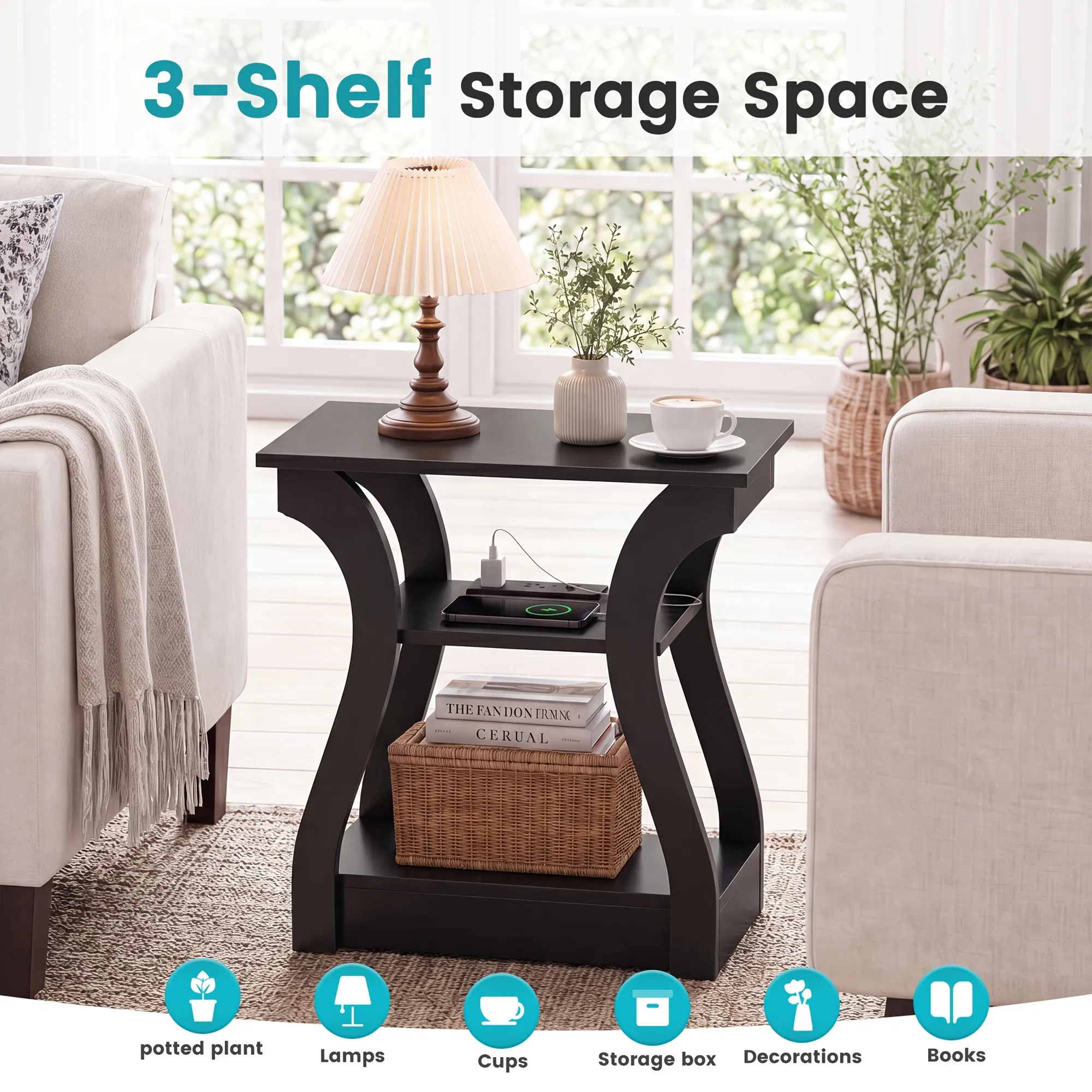 3-Tier Nightstand with Charging Station, Modern Bedside Table with USB Ports And Outlets, Slim End Table for Bedroom, Small Apartment, Dorm Room image 4