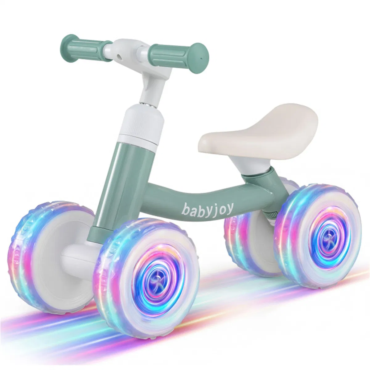 4 Wheel Kids Balance Bike with Light Up Wheels, 3 Level Adjustable Height Toddler Push Bike , No Pedal Gliding Bike with Safety Steering Limit - Green