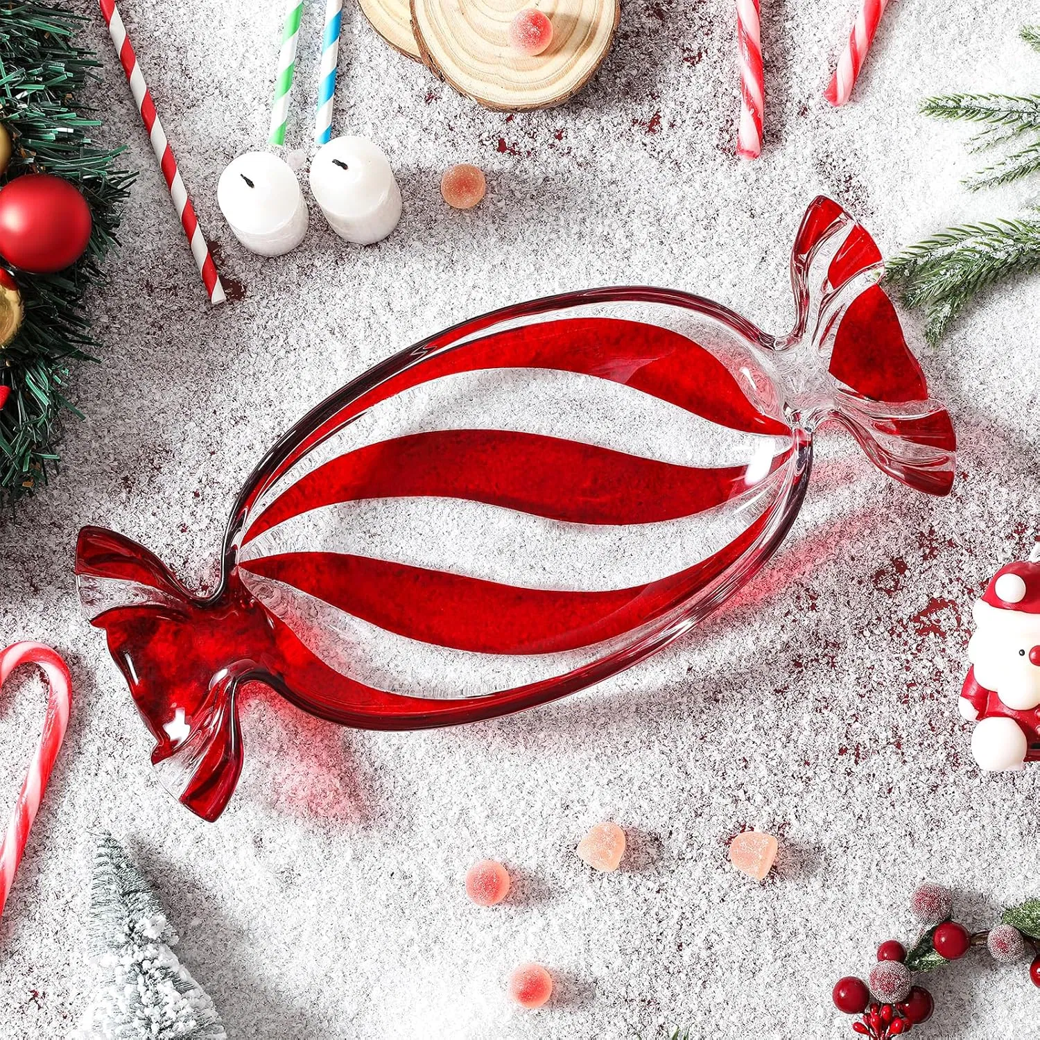 Christmas Candy Glass Plate, Christmas Theme Serving Tray for Holiday Desserts, Cookies & Candy Display, Festive Party Bowl, Red XMAS Decorations Small 9.2x4.3 Inch image 5
