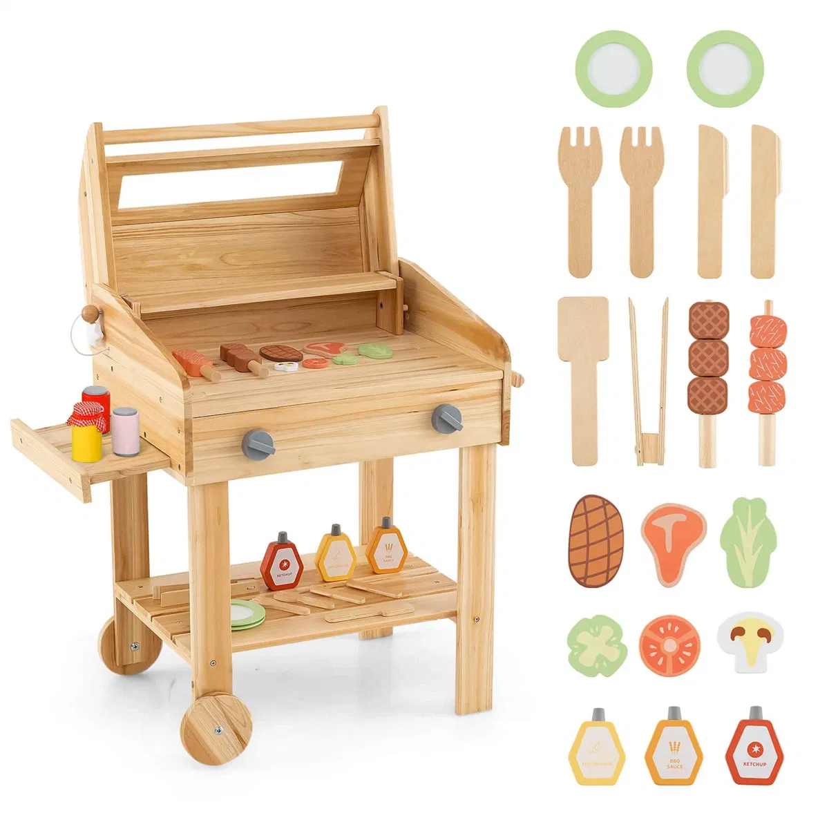 Wooden Barbecue Grill Playset with Play Food Grilling Tools
