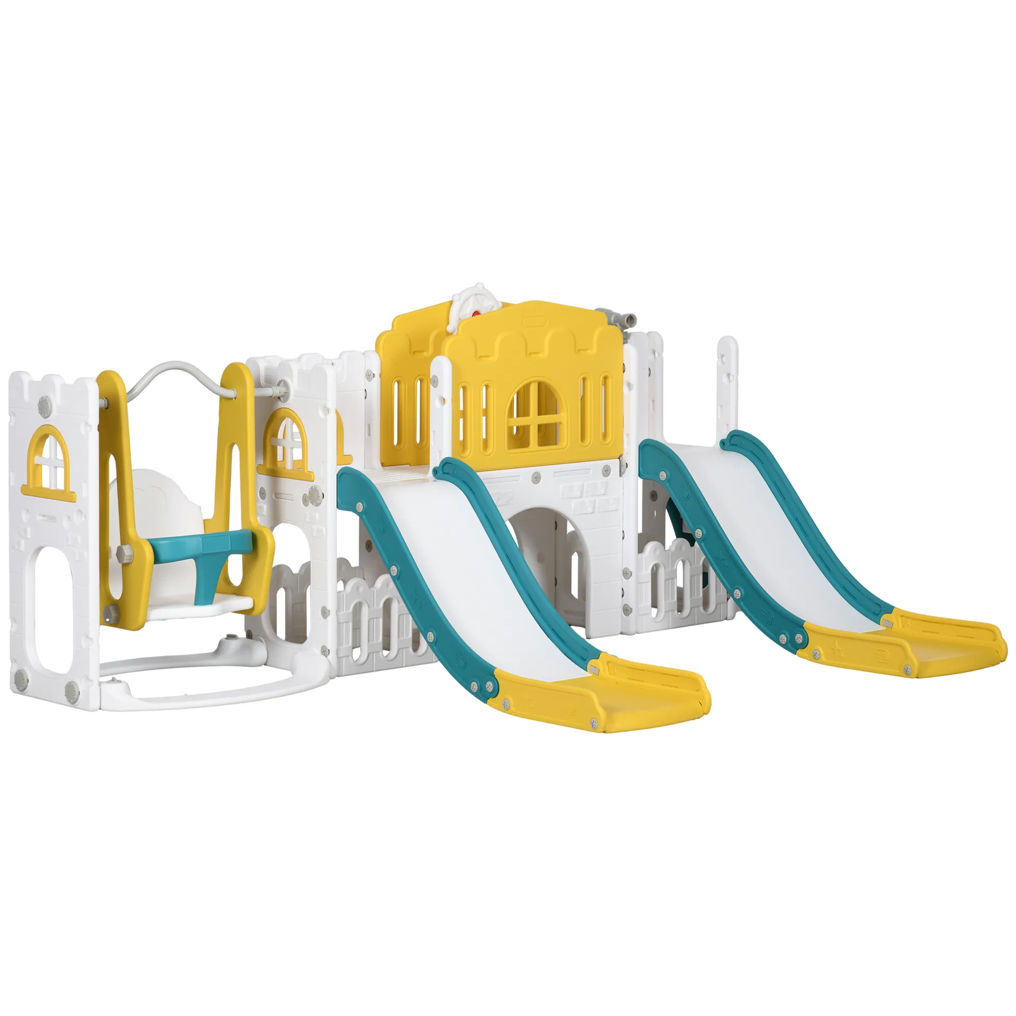 8 in 1 Slide and Swing Set, Baby Swing Set with Basketball Hoop, Climber, Steering Wheel, for Aged 1-3 Years, Yellow