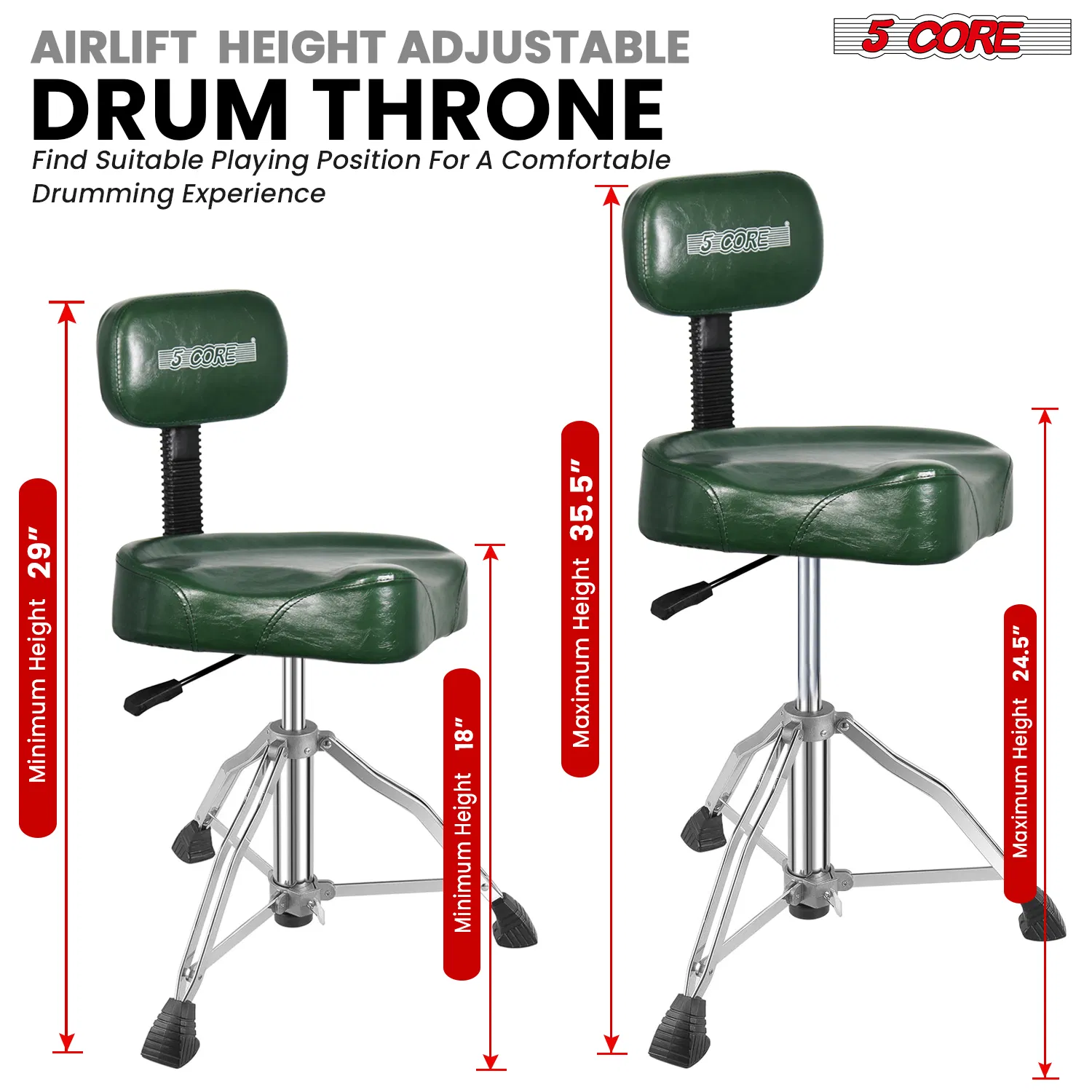 5Core Drum Throne 4" Cushion Padded Stool w Backrest Airlift Height Adjustable Chair w 441Lb Capcity image 4