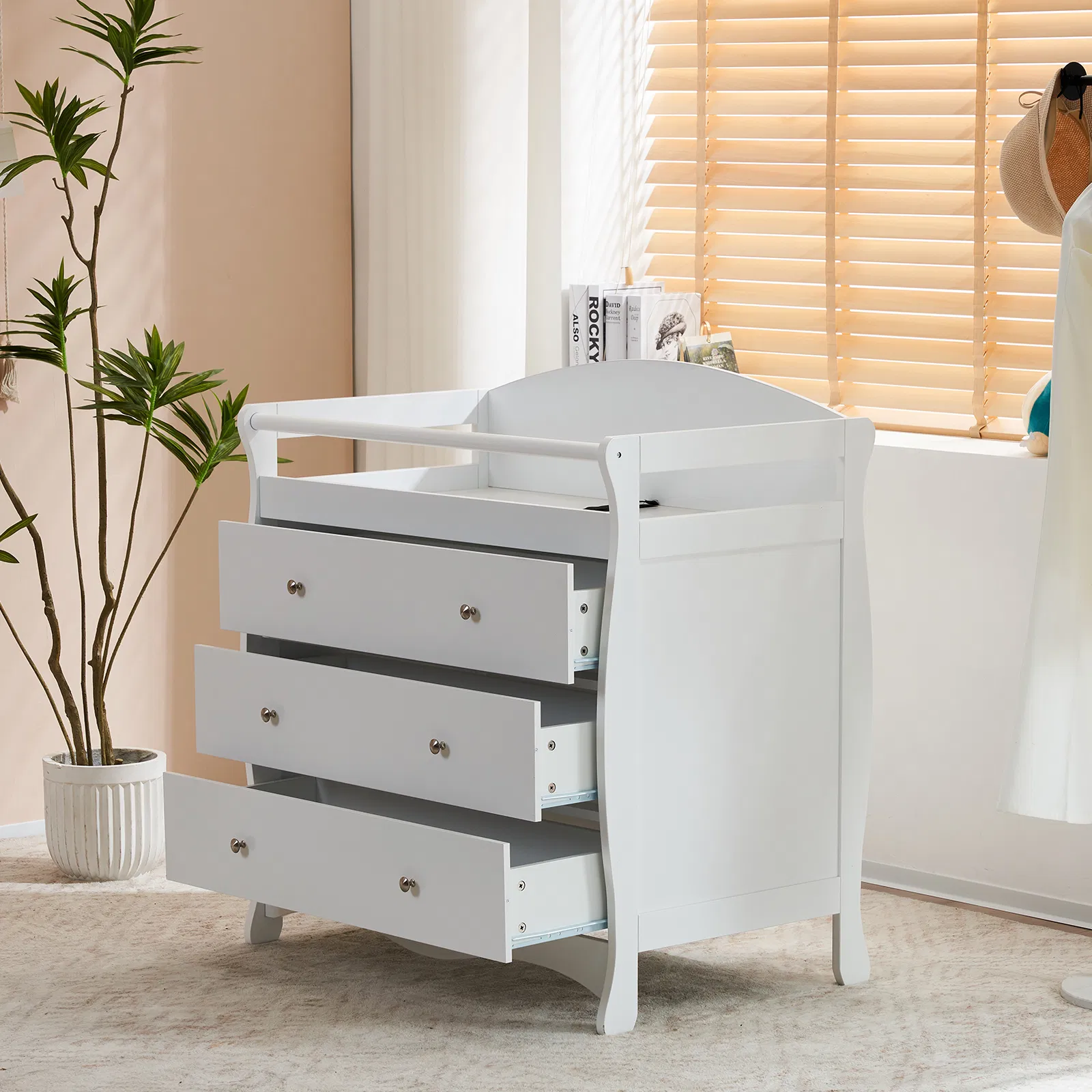 White 3-Tier Drawer Baby Cot with Safety Guard – 90.5x58x92cm | Wooden Baby Bed & Storage Combo image 9