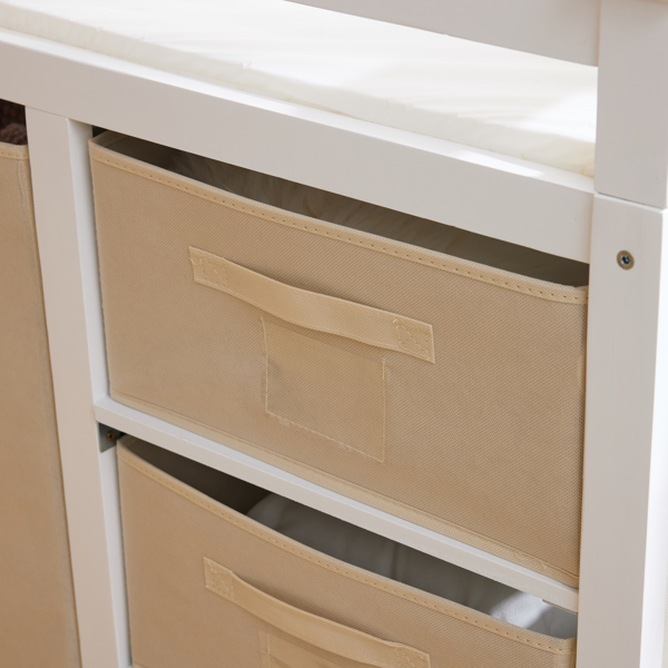 White painted pine wood frame, removable top, 87*53*87.5cm children's wooden bed with 3 fabric drawers + 1 fabric bag, and a changing table-48