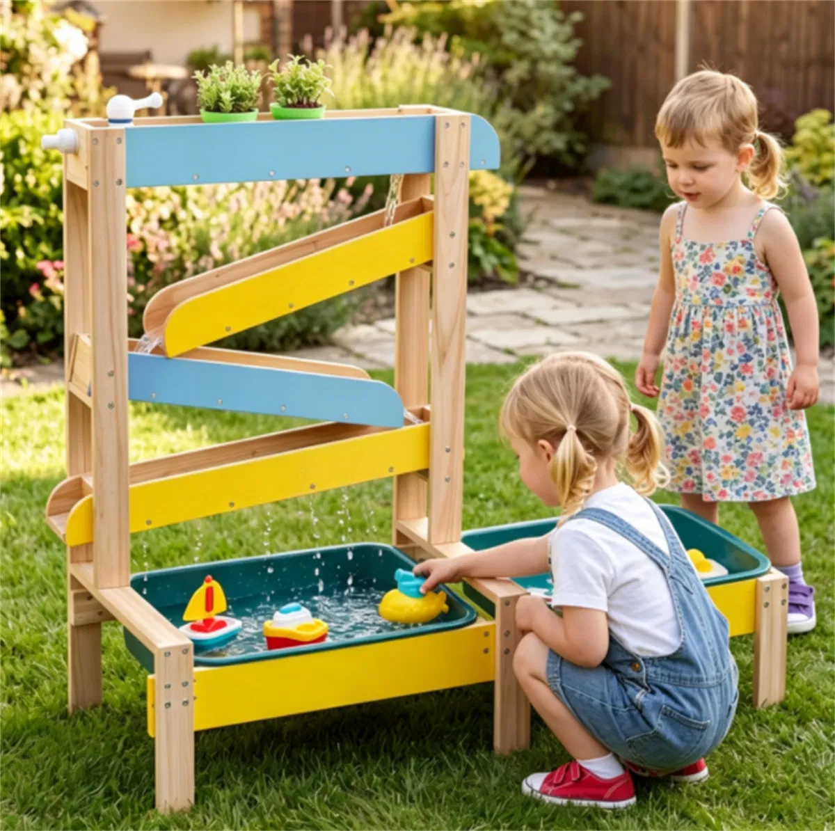 3-in-1 Kids Sand Water Play Table, Fir Wood Outdoor Sensory Activity Table with Faucet & Accessories, Double Basin Play Toy for Toddlers Ages 3+