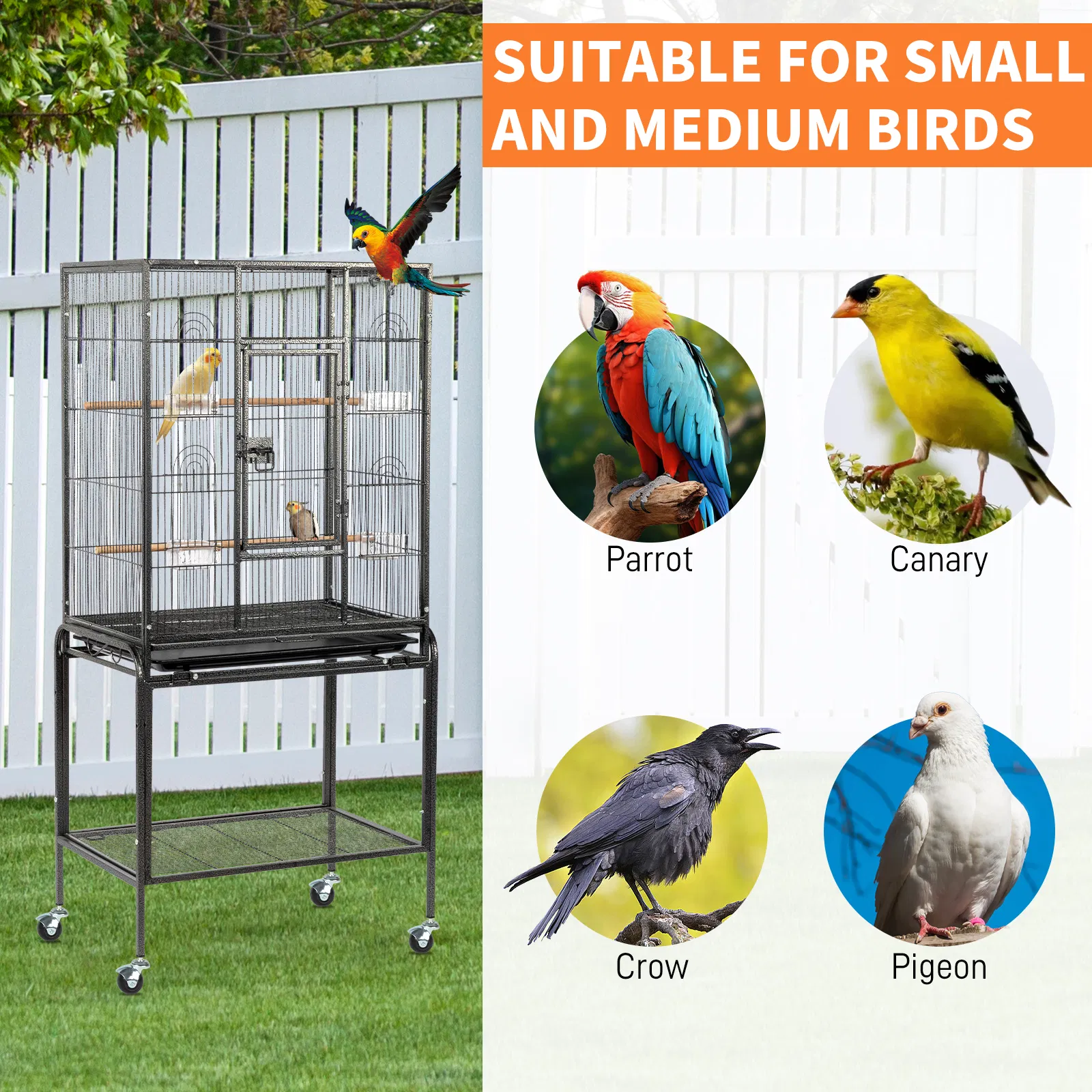 53" Large Flight Bird Cage with Rolling Stand & Storage Shelf for Parrots Lovebird Cockatiel Parakeets, Black — image 1