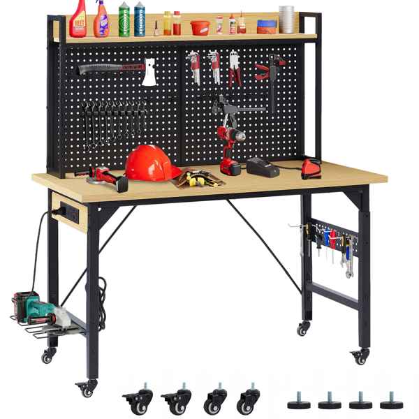 48''Adjustable Workbench with pegboard, Heavy Duty Wooden Desktop Workbench with Wheels, 1600 lb. Load Capacity, Rolling Workbench with AC/USB Outlet, Hooks, Shelf, for Garage, Workshop, Office, Home.-33
