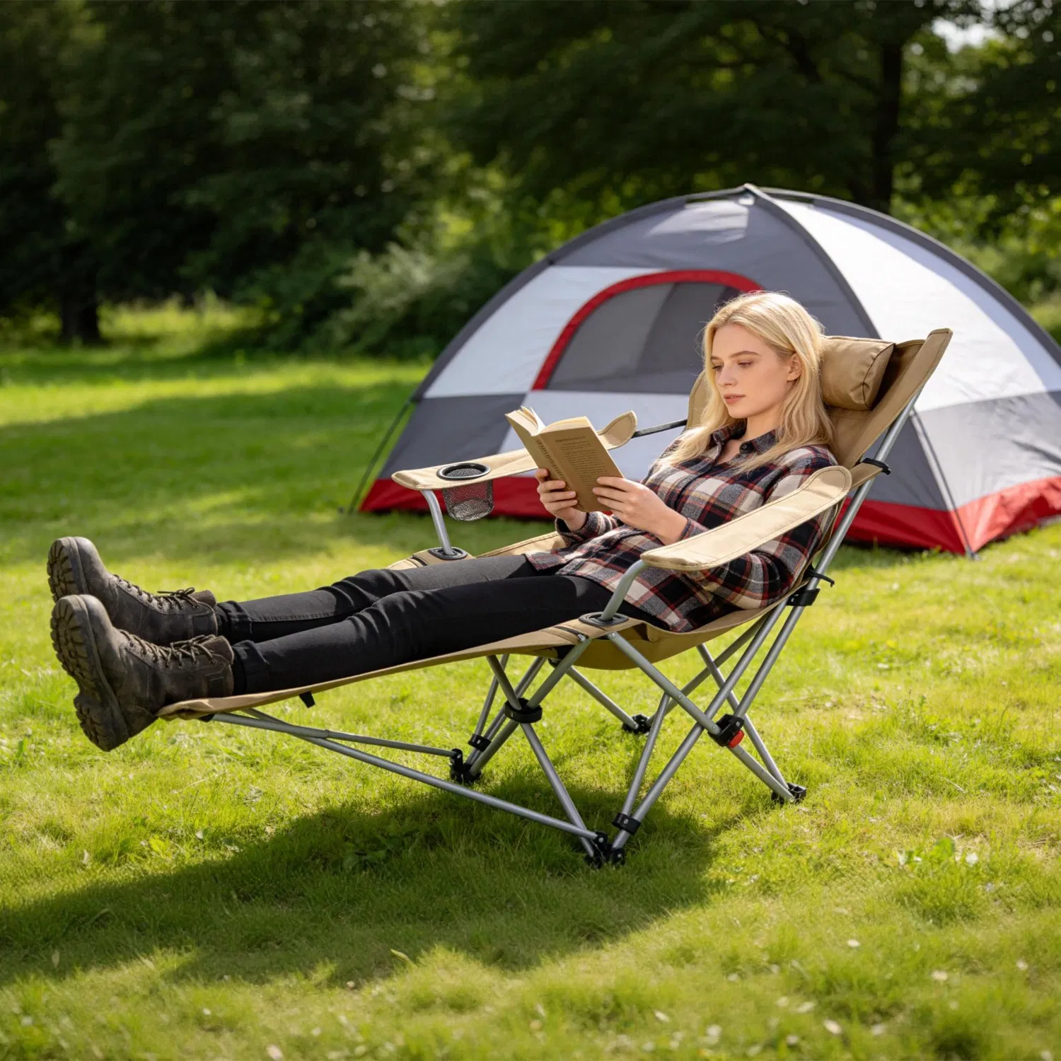 Portable Folding Camping Chair with Removable Footrest Waterproof Oxford Cloth Support 220lbs Multifunctional Recliner Chair with Cup Holder & Side Pocket image 3