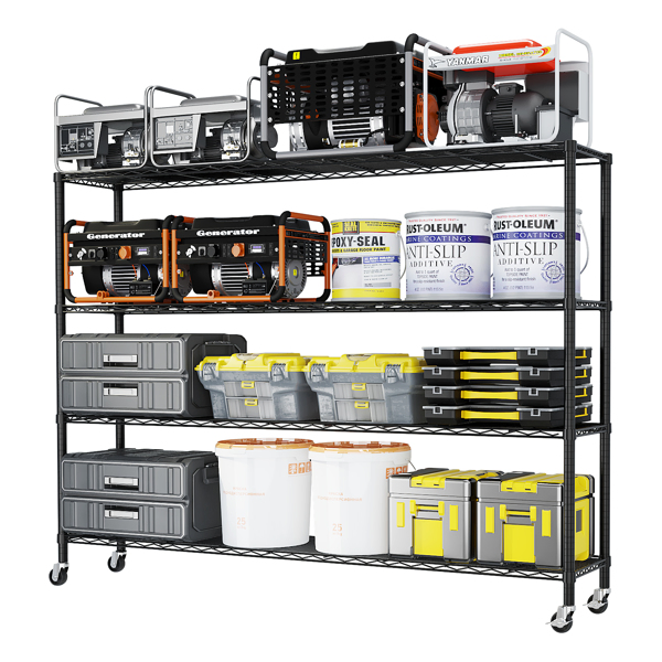 4-tier, adjustable shelf spacing, with adjustable feet and wheels, iron display stand, 150*60*192cm, powder-coated black-4