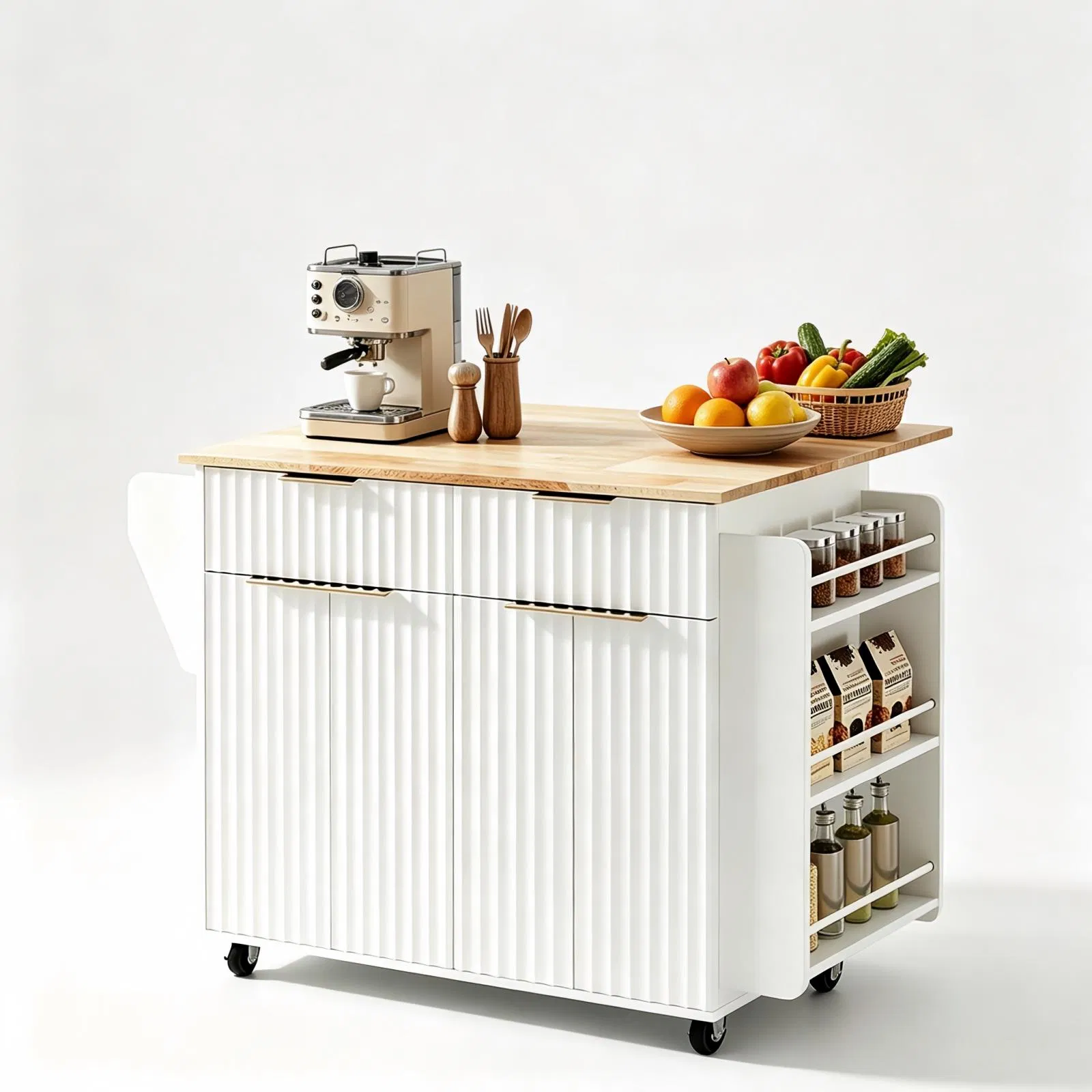 (Do Not Sale on Amazon) 4-Door 2-Drawer Grille Food Cart Champagne Gold Thermoformed Door Panels Bakelite Handles Bakelite Countertop MDF Cabinets and Serving Sideboard 43.07*29.17*32.68in White image 3