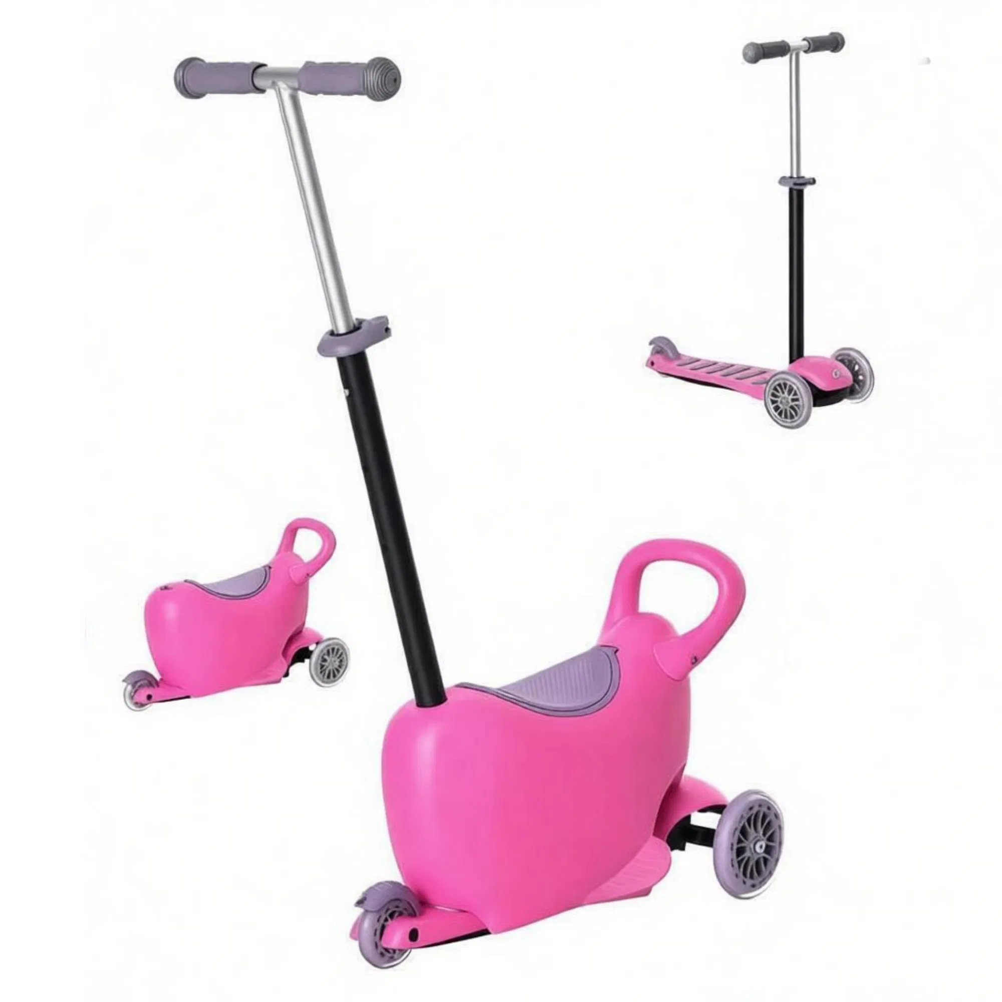 Pink 3-in-1 Ride on Push Car Kids Scooter Sliding Walker with Adjustable Handlebar 3 Balanced Wheels Removable Storage Seat for Ages 2-6