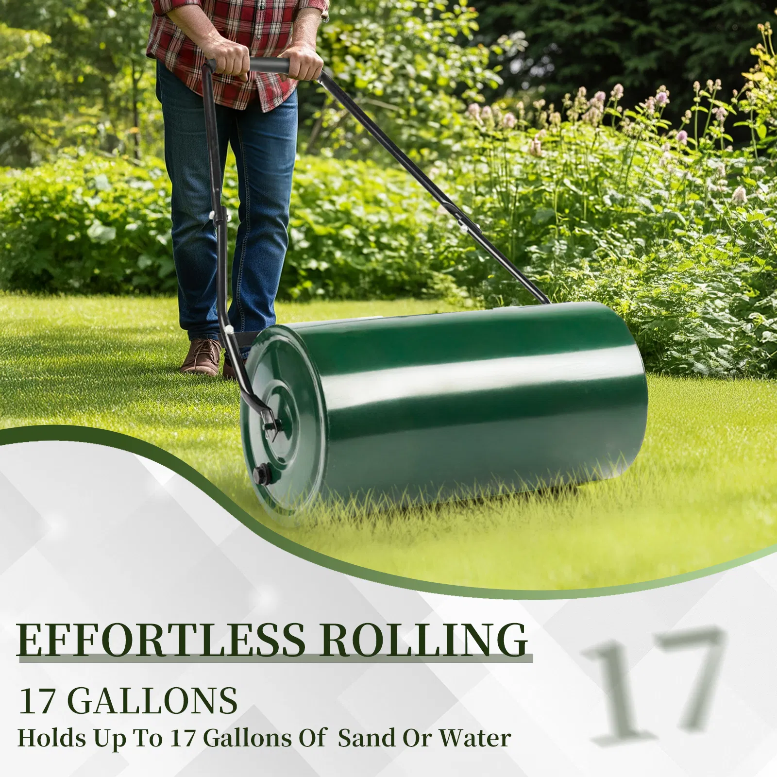 24in Heavy Duty Steel Lawn Roller, Garden Roller Can Be Filled with Water or Sand, Hand Roller with U-shaped Handle, Green & Black image 14