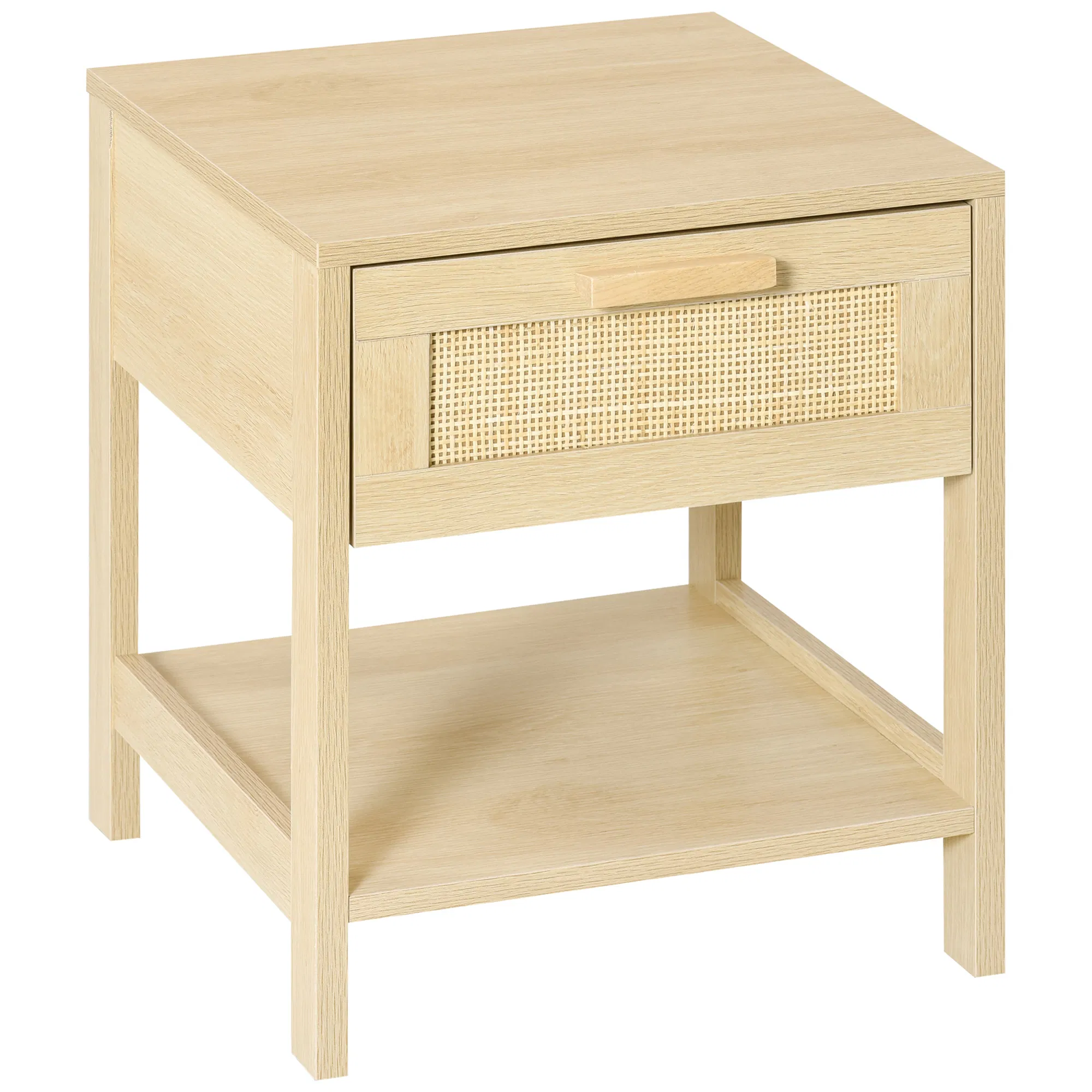 Narrow Nightstand with Rattan Elements, Bedside Table with Drawer and Storage Shelf for Bedroom, Natural
